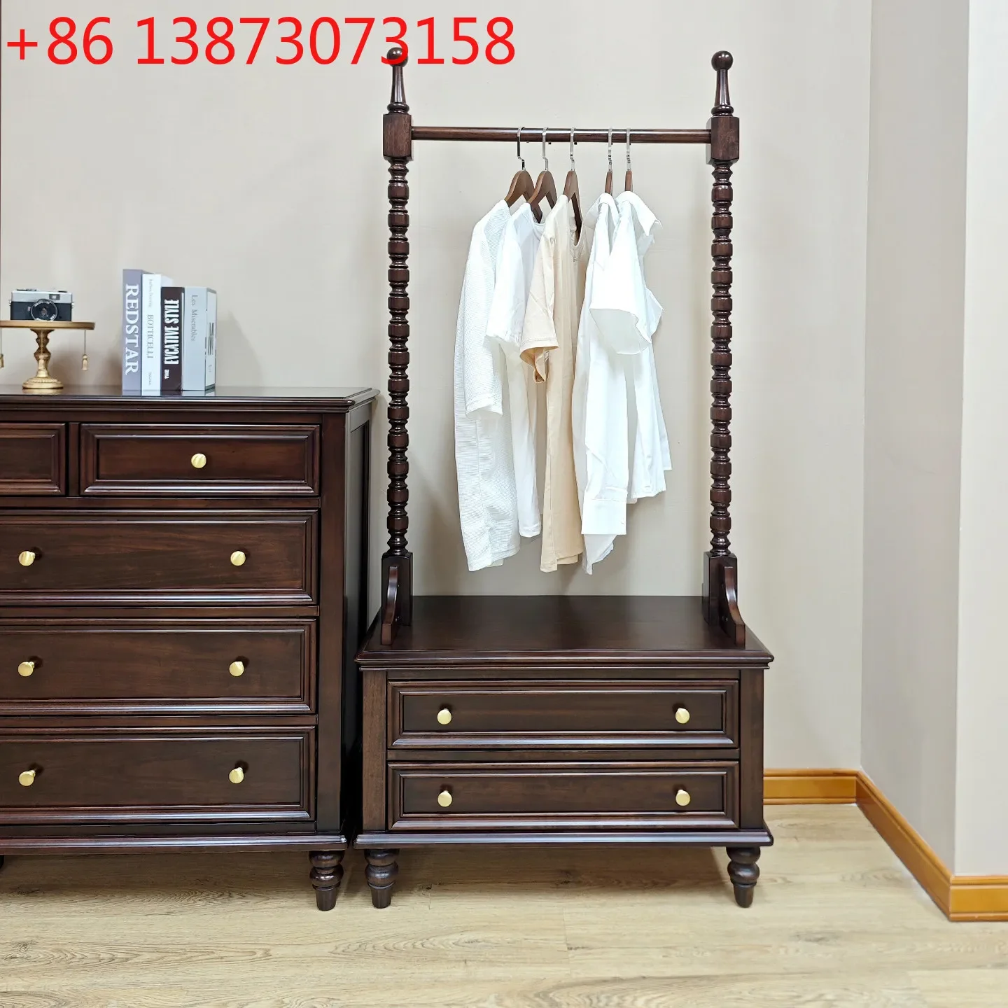

American retro pure solid wood small apartment open bedroom bedside integrated cabinet household home coat rack