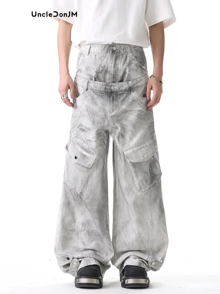 UNCLEDONJM Double Waist Splicing Jeans Y2k Men’s Jeans Streetwear Men Baggy Jeans Dirty Fit Oversized