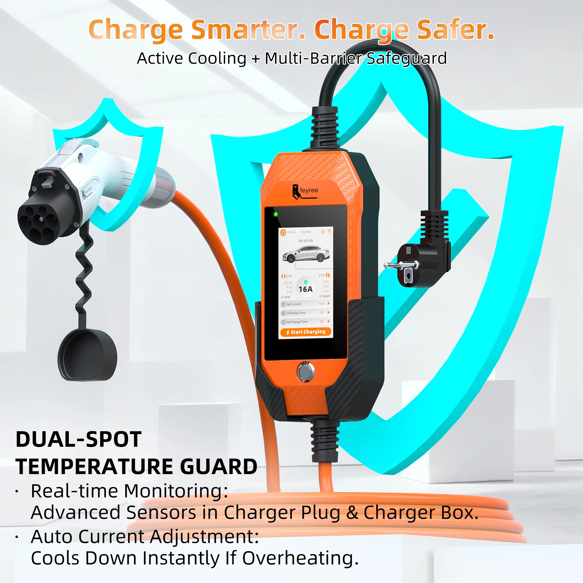 شاحن feyree GB/T EV 16A 3.5kW 1Phase 4.3 بوصة تعمل باللمس وتطبيق ذكي إصدار OTA تيار قابل للتعديل لشاحن السيارة الكهربائية #4