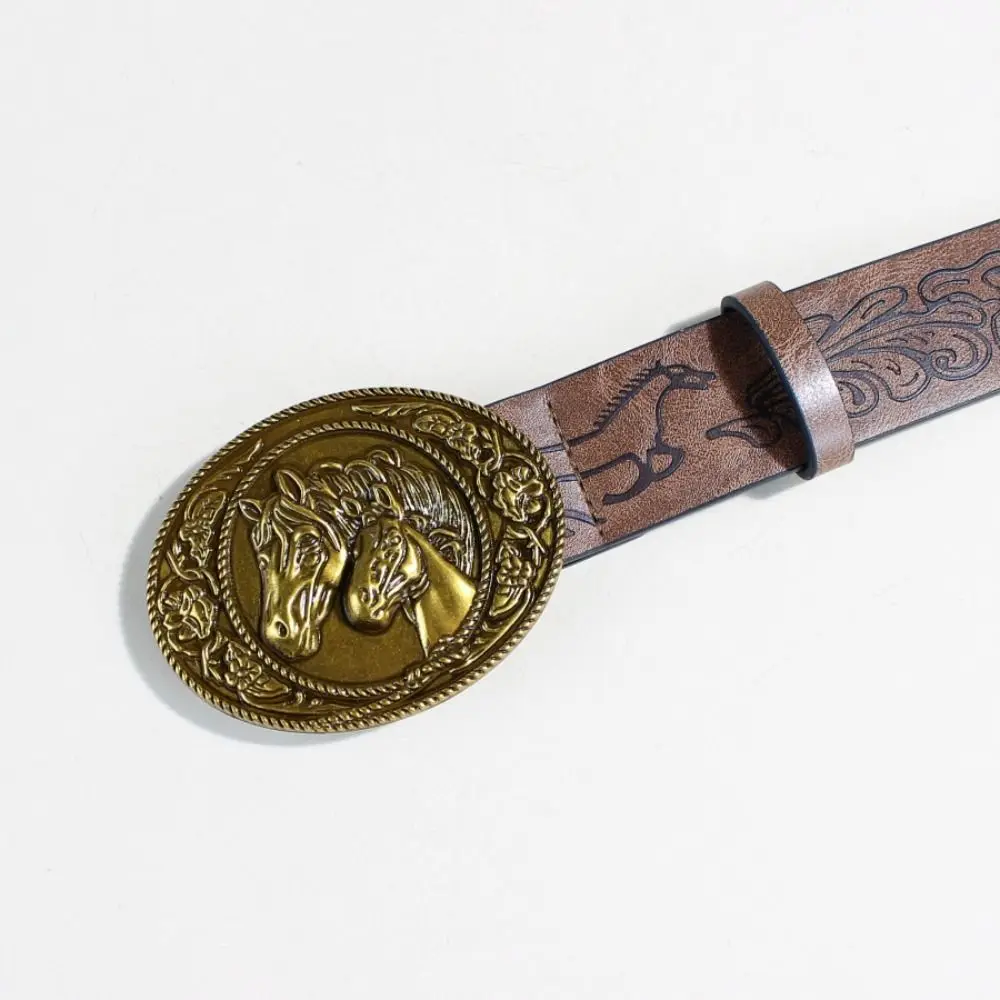Vintage Carved Western Cowboy Belt Horse Buckle Luxury Design Embossed Belt Trendy Brand Jeans Pants Belt For Women Man