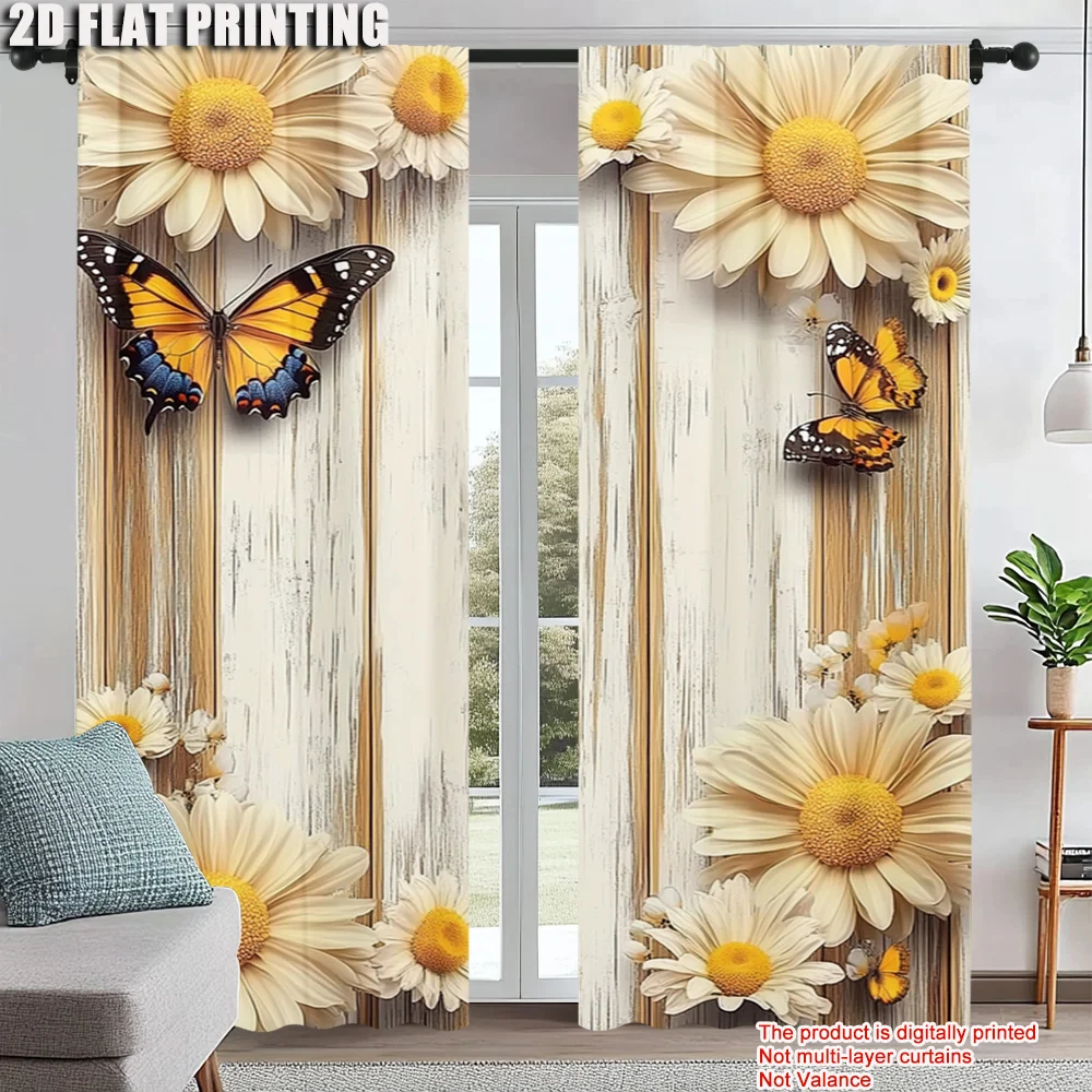 

2Pcs Butterfly Floral Print Window Curtains Rod Pocket Decorative Window Drapes Window Treatments For Bedroom Living Room Home