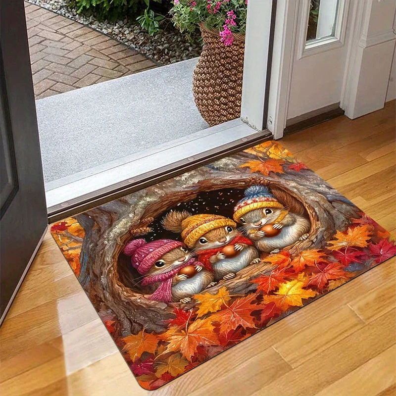 Autumn Squirrel Welcome Doormat Cute Animal Seasonal Print Non Slip Entry Rug For Fall Entryway And Cozy Home Decor