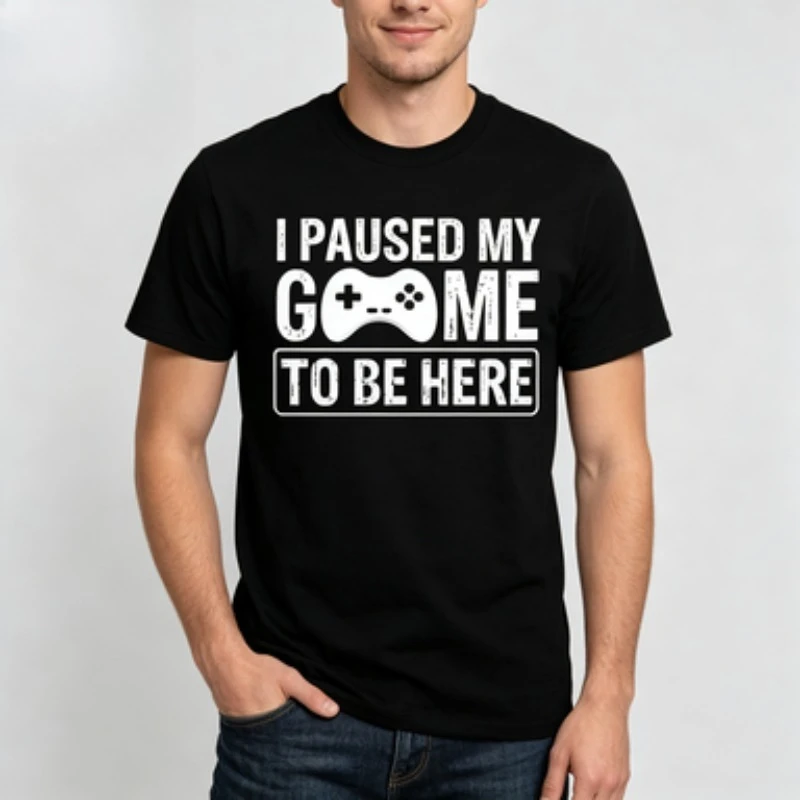 Men 100% Cotton Crew Neck T Shirt I Paused  Game Controller Distressed Text Print Gamer Gift Casual Short Sleeve Tee Tops