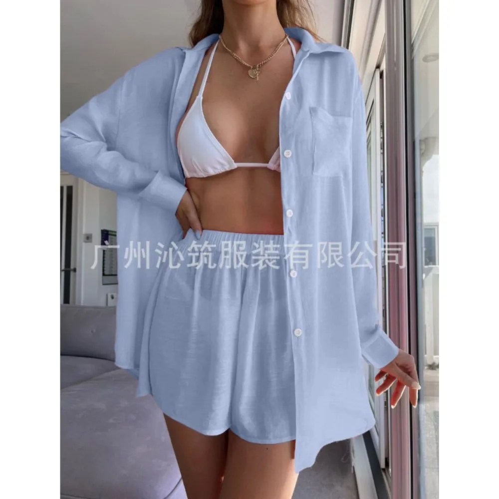 Conjunto de 2 piezas de pantalones cortos para cubrir la playa, camisa holgada a la moda para mujer, traje informal para vacaciones, Bikini, novedad de 2026