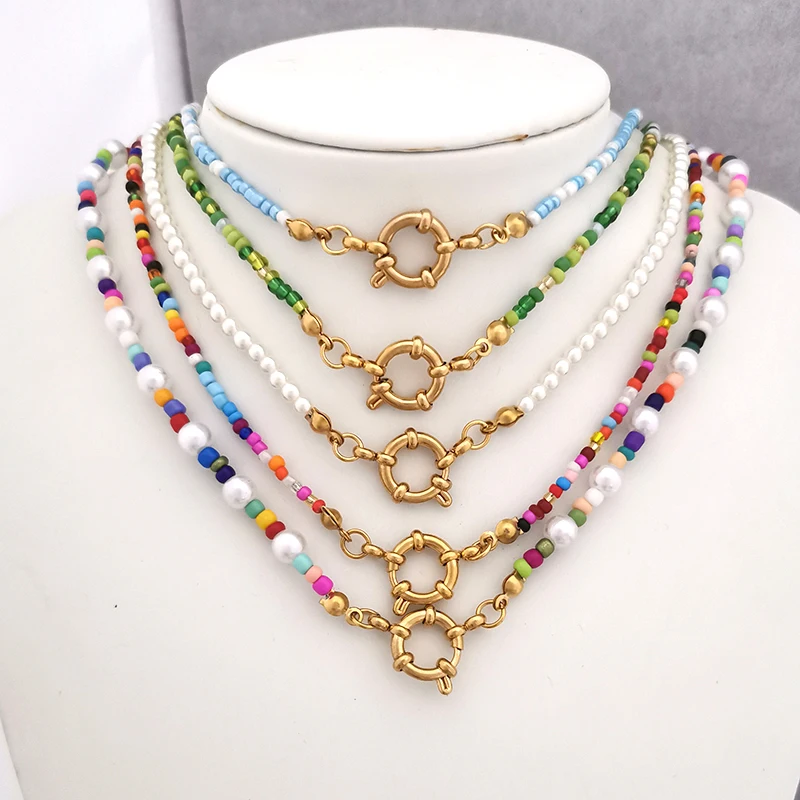 QMHJE Imitation Pearl Necklace Women Choker Seed Beads Rainbow Stainless Steel Clasp Sailor Buckle Base Chain Gold Color Boho