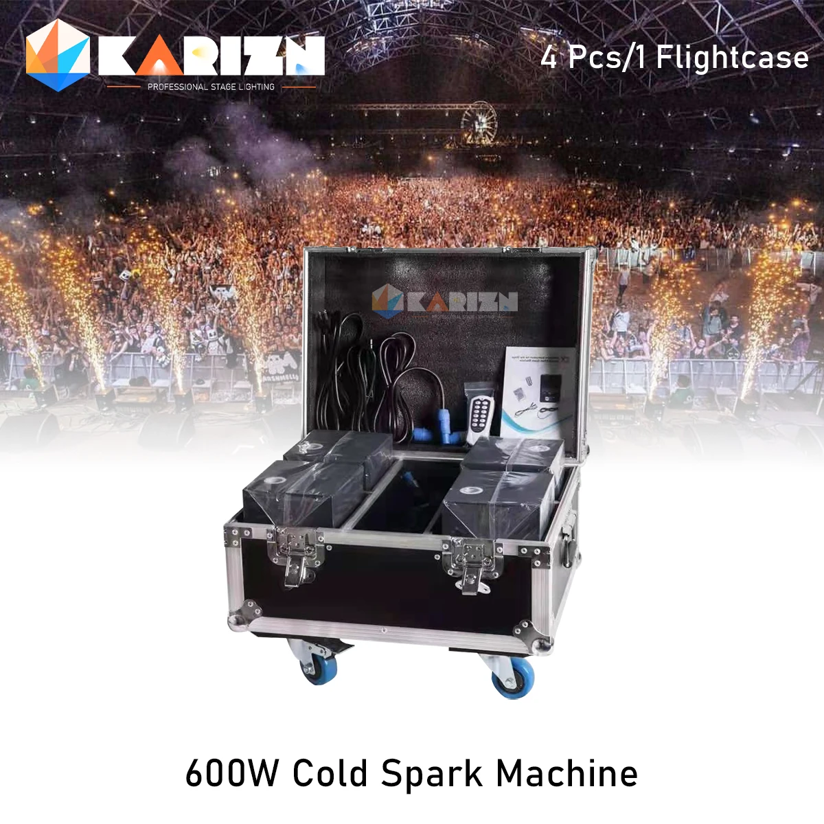 0 Tax 4Pcs 600W Cold Spark Machine With 1 Flight case Ti Powder Firework Wedding Dmx Remote Control Spark Fountain