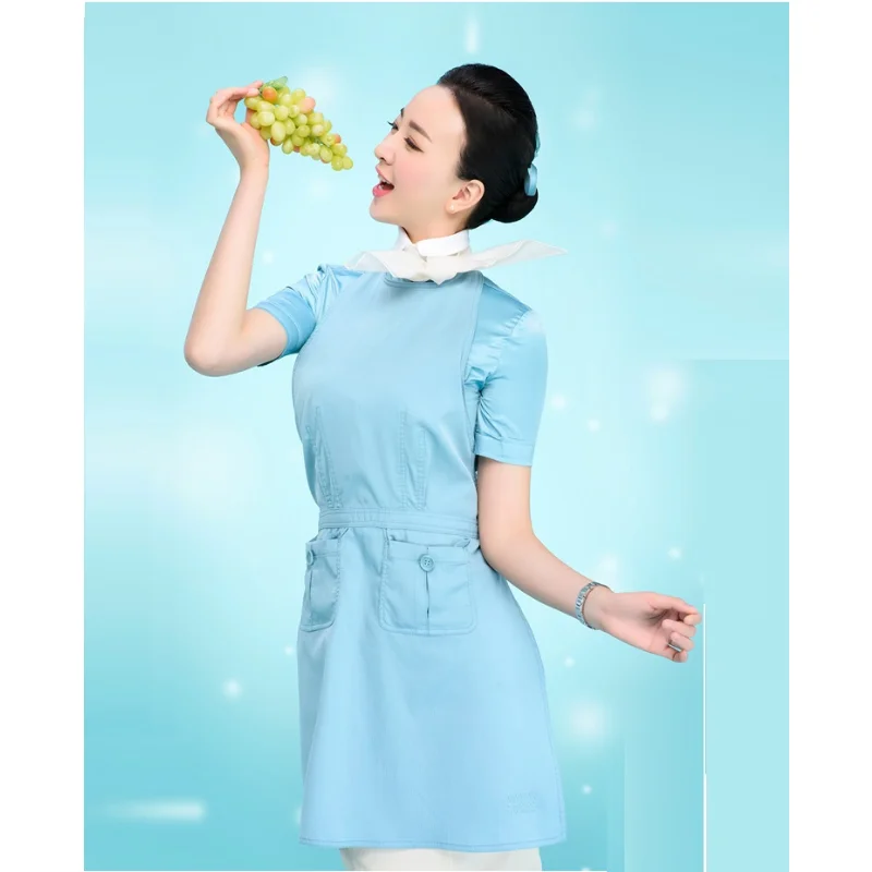 South Korean Flight Attendant Interview Etiquette Suit Glossy Full Sleeved Shirt Skirt Blue Apron Aviation Uniforms- Blue, White