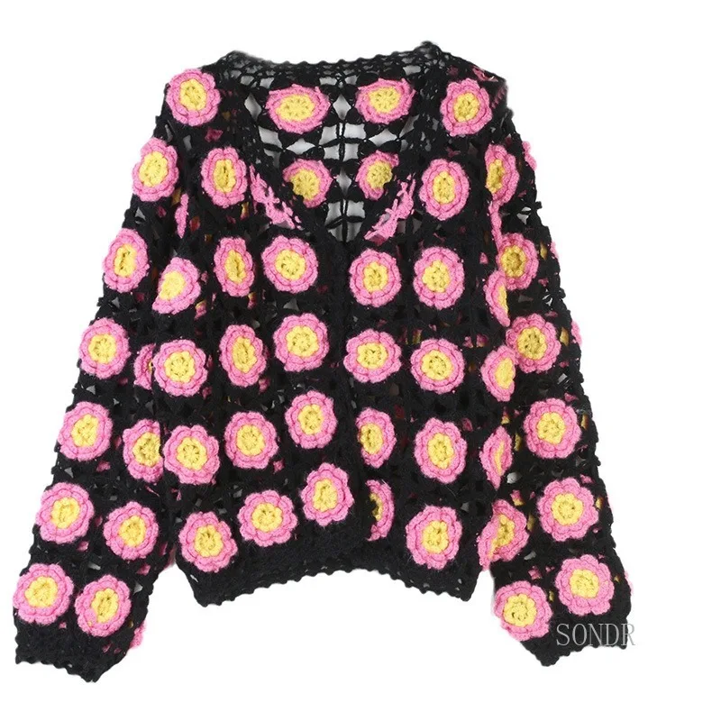 Women's Rose Hand Hooked Cardigan, 3D Flower Knitted Cardigan, Loose, Sweet Temperament, Spring, Autumn, V-neck