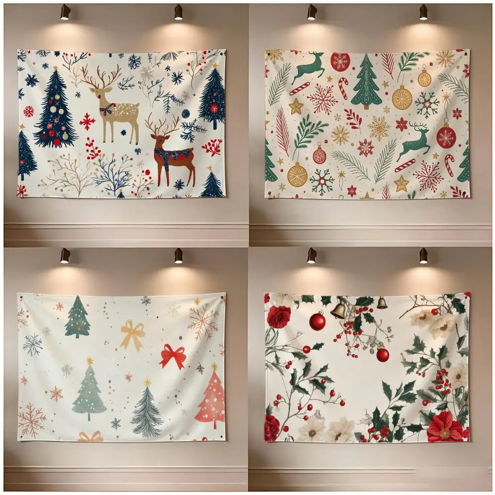 Festive Holiday Fresh Retro Style Christmas Flags Borderless Four Ring Ornament Indoor Outdoor Decoration Quick Hang Install