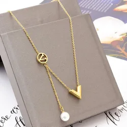 2024 Trend Stainless Steel V Letter Tassel Pearl Necklace for Women Gold Plating New Brand Party Jewelry Gift