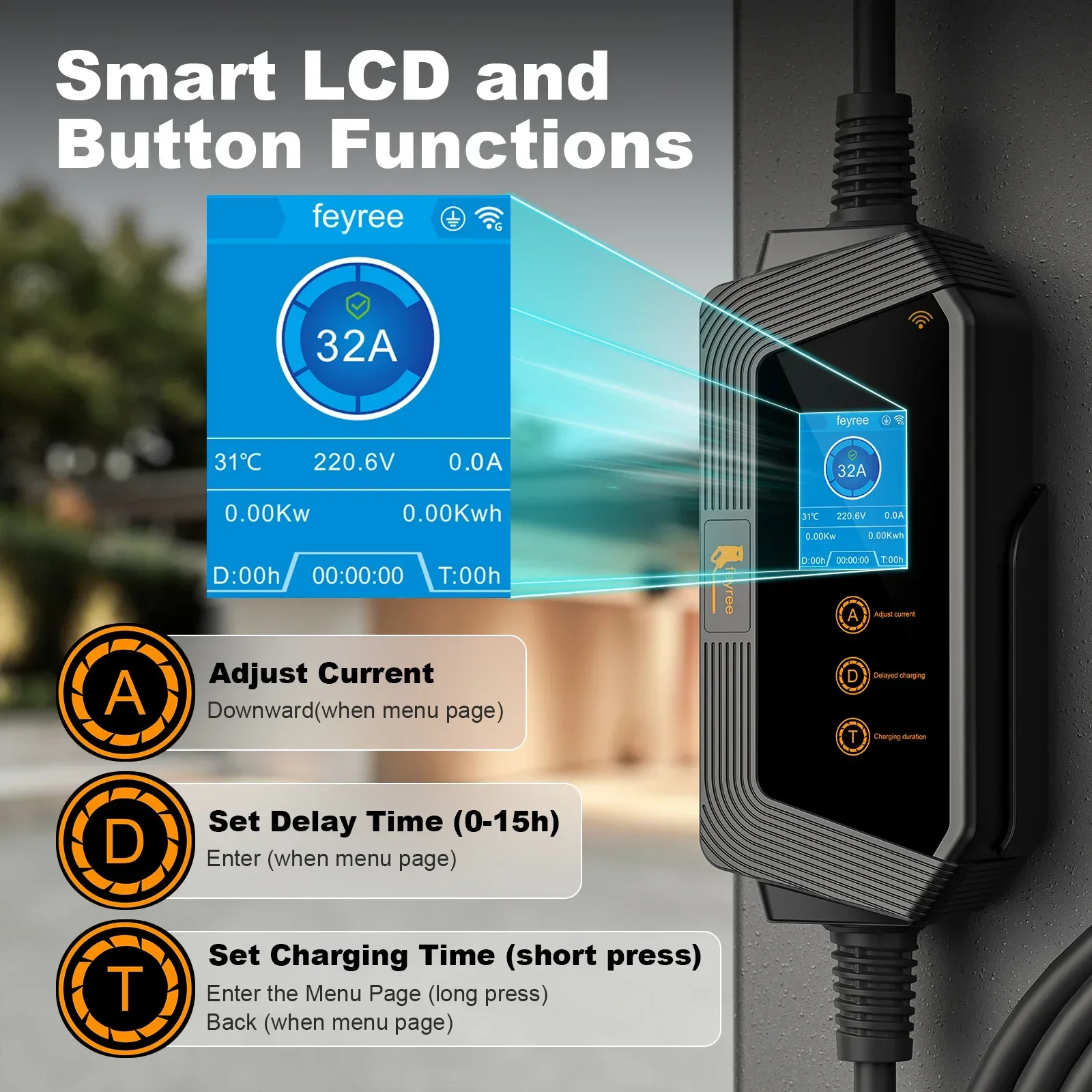 Feyree Type1 chargeur EV Portable 7KW 32A 1 phase prise J1772 avec câble de 5m application intelligente Version de contrôle WIFI pour véhicule électrique