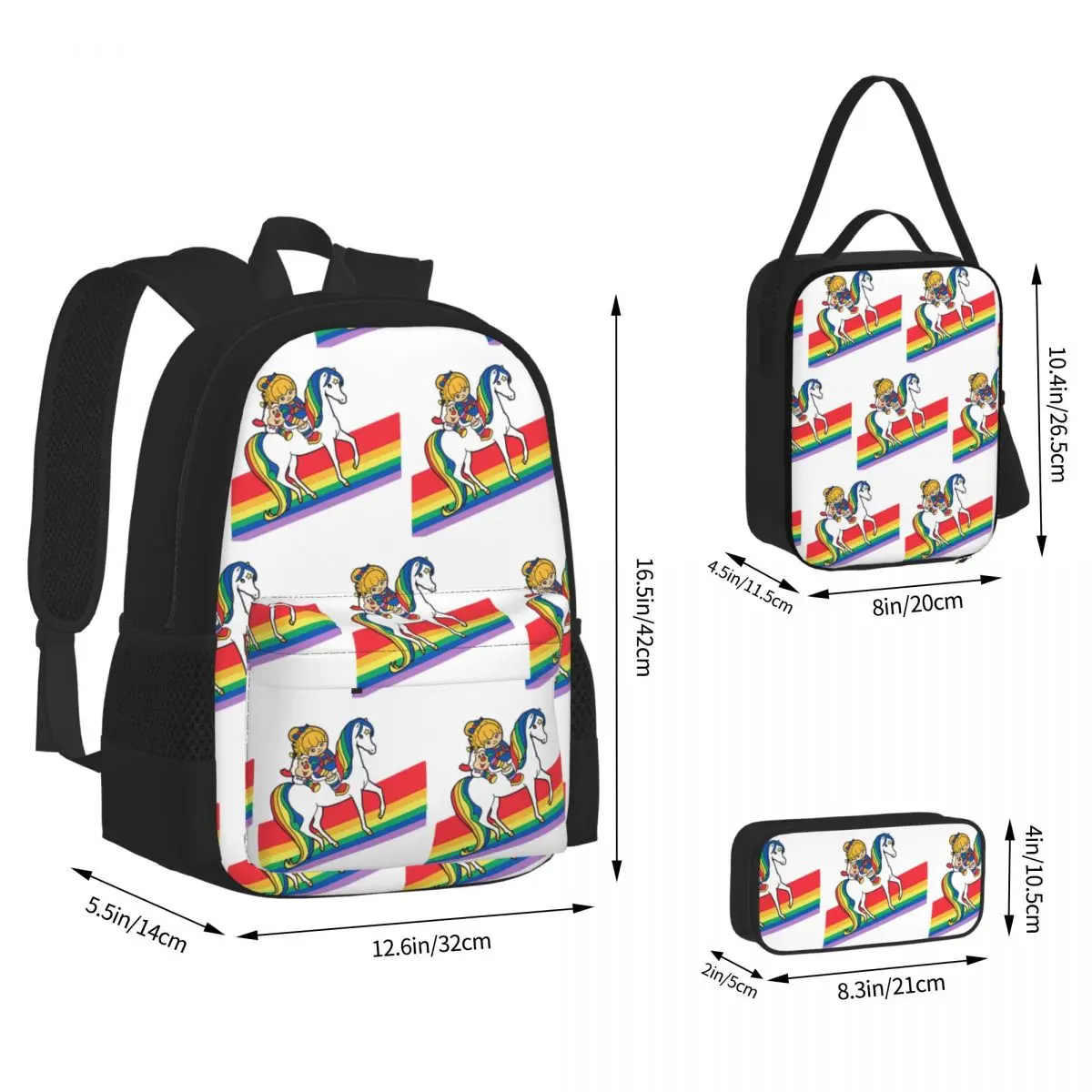 Rainbow Brite And Friends Retro 80s Cartoon Design Backpacks Kids Bookbag School Bags Rucksack Lunch Bag Pen Bag Three-Piece Set