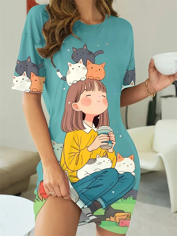 Summer Women's Floral-Print Nightgown with Little Bear Design—Playful Cute and Breathable Casual Dress for Home Wear