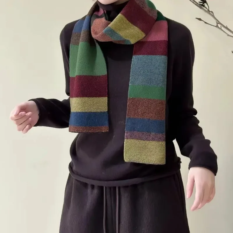 Striped Plaid Women Scarf Rainbow Color Block Faux Cashmere Fringe Warm Protective Neck Warmer for Autumn Winter