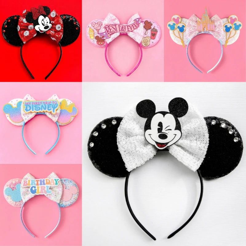 Disney Cute Minnie Ears Headbands Women Cartoon Sequins Bow Hairbands Girl Kawaii Mickey Mouse Hair Accessories Kids Party Gifts