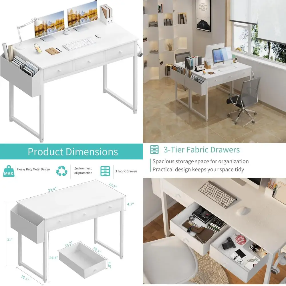 

Компактный 40-дюймовый белый стол с тканевыми ящиками для домашнего офиса и спальни, идеально подходит для туалетного столика и хранения вещей