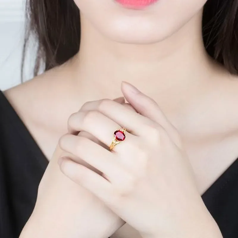 

24K gold garnet AU999 pure gold ring natural red crystal inlaid open adjustable ring female classic wedding rings for women