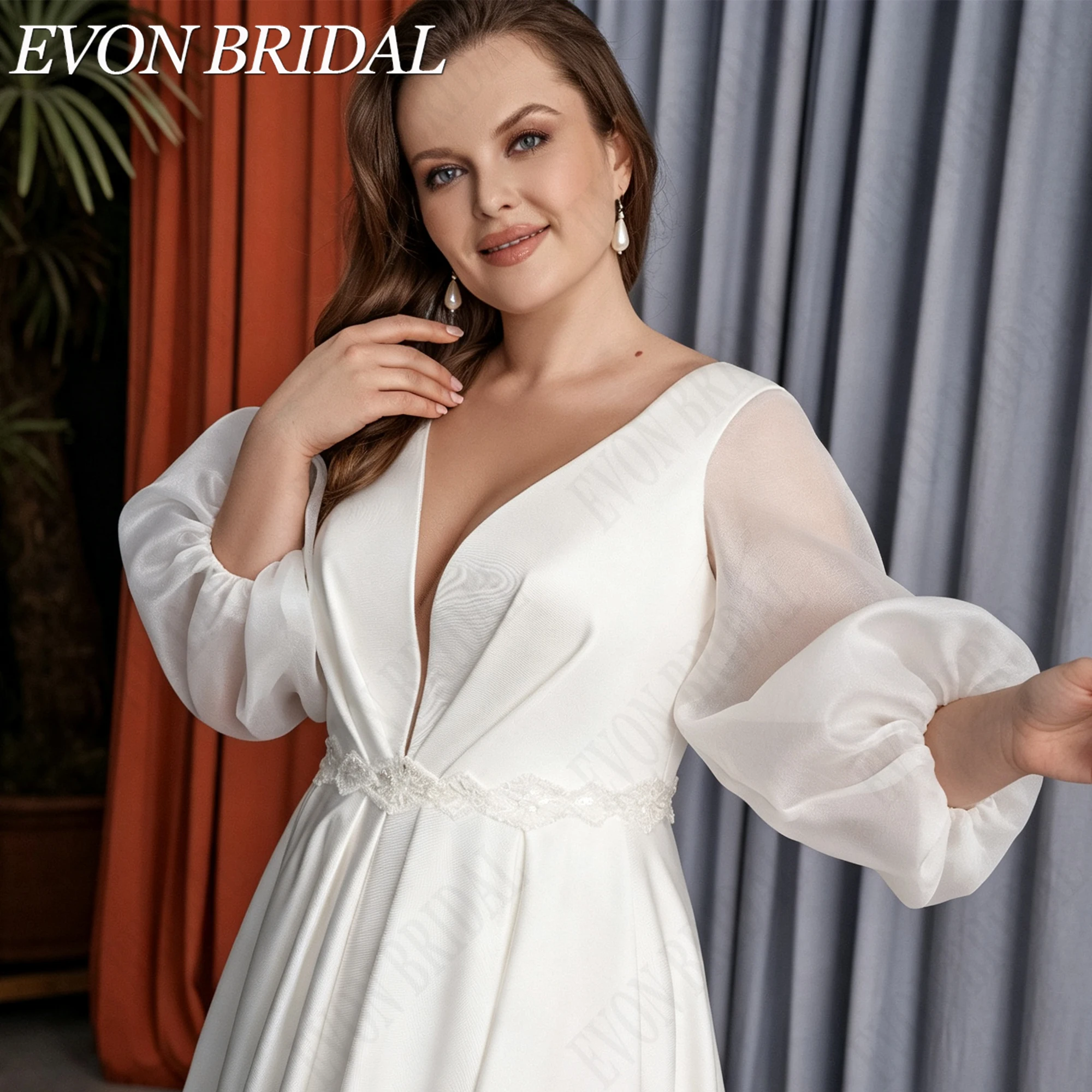 EVON BRIDAL Deep V Neck A-Line Wedding Gown For Curvy Women Illusion Lantern Sleeve Bride Dresses Lace Up Brautkleid Customized