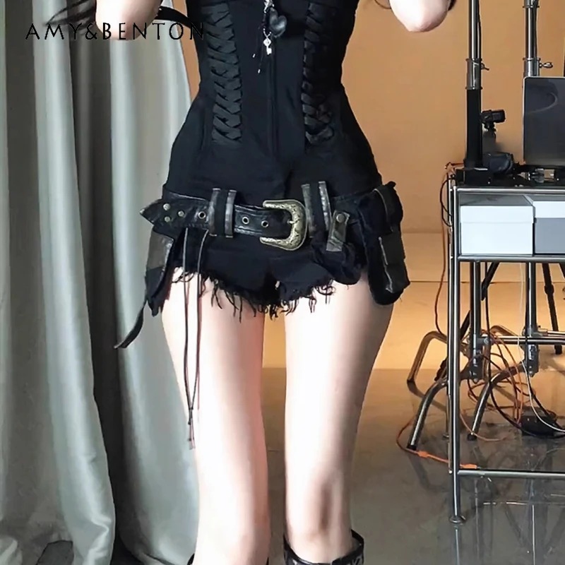2025 New American Retro Design Heavy Industry Belt Buckle Tooling Punk Hot Subculture Rough Edge Fringed Shorts For Women