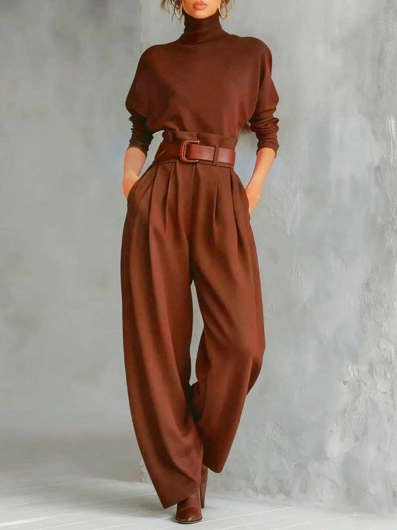 Lässiger Anzug mit Taschen für den Herbst, Damen-Set mit hochgeschlossenem, langärmeligem Oberteil und Hose, schlichtes, einfarbiges Büro-Outfit mit hoher Taille. – Detail 3