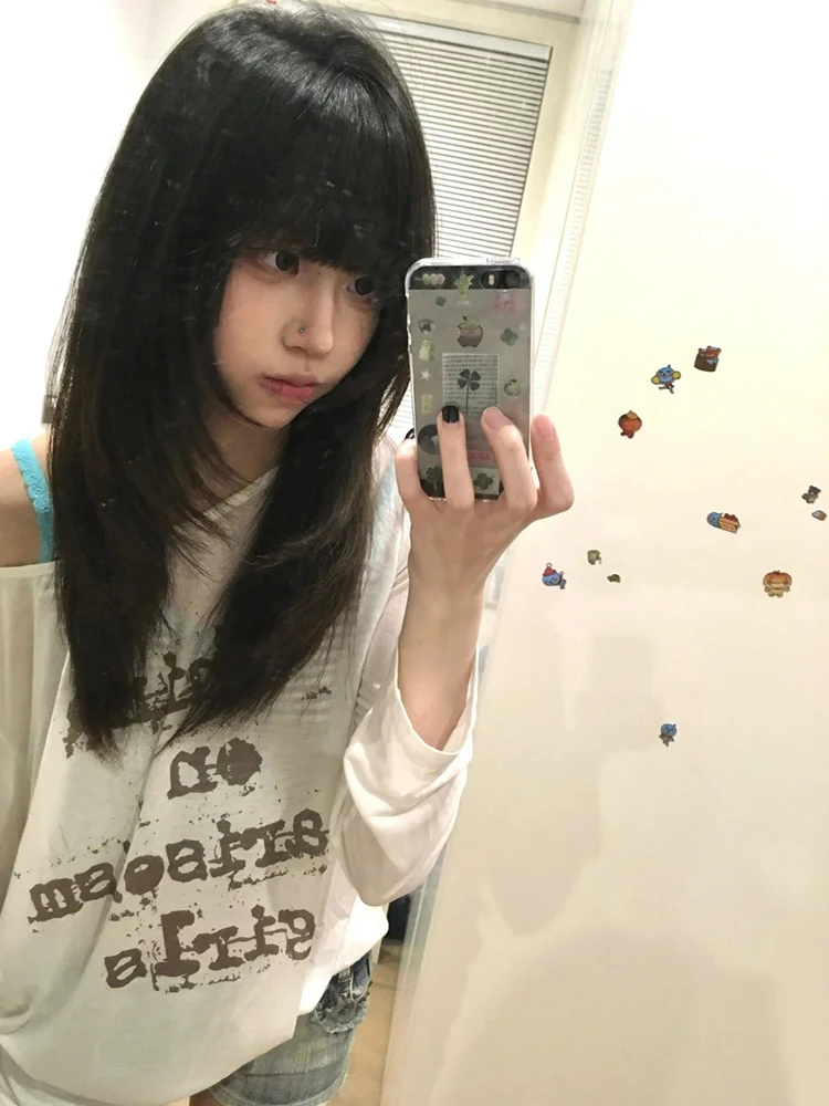 Aesthetic 2000s Tshirt Women Off Shoulder Print Tee Tops See Through Y2k Japanese Vintage Tops Beach Wear Smock E-girl