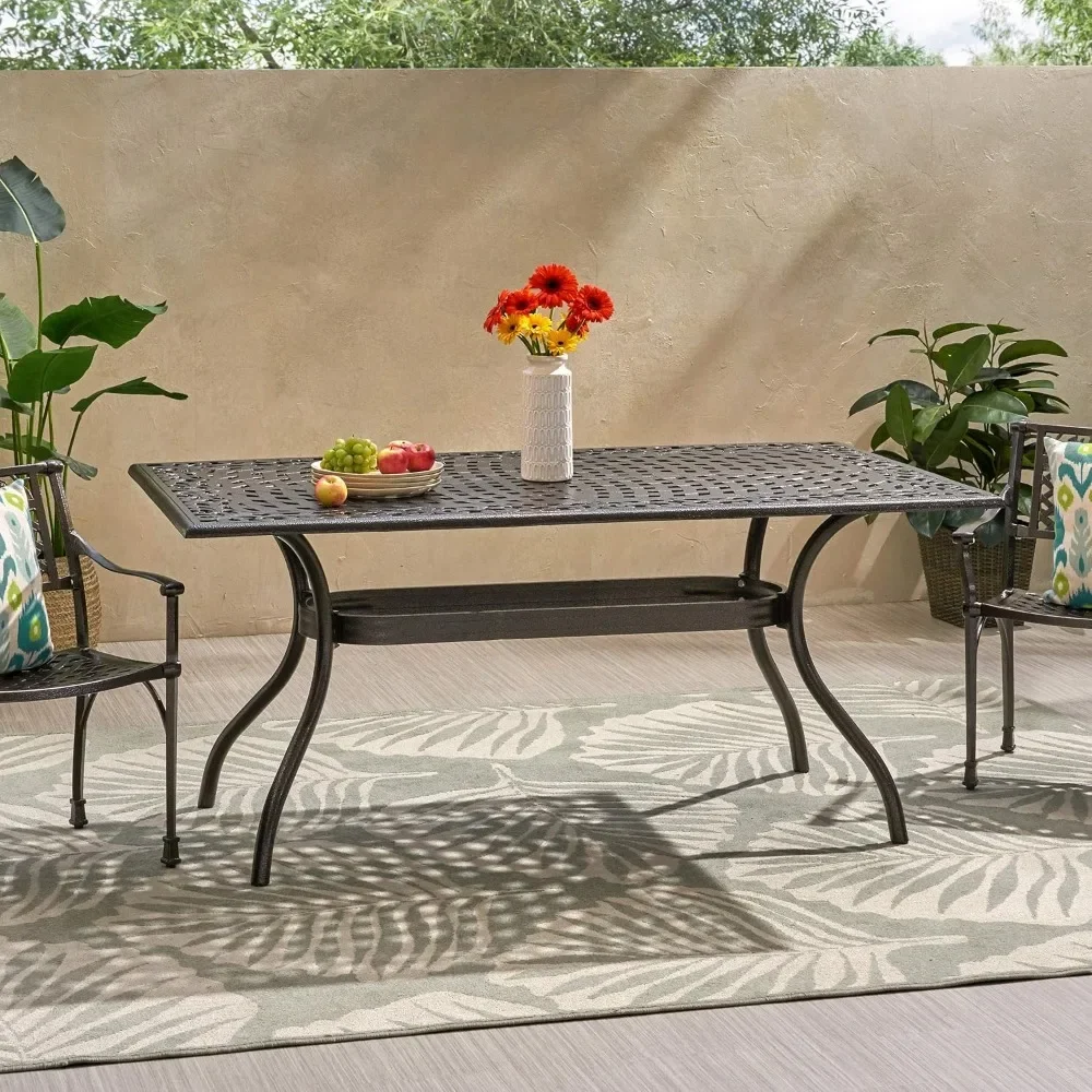 Outdoor Dining Table, Hammered Bronze, Aluminum with pre-drilled outdoor umbrella hole in the center