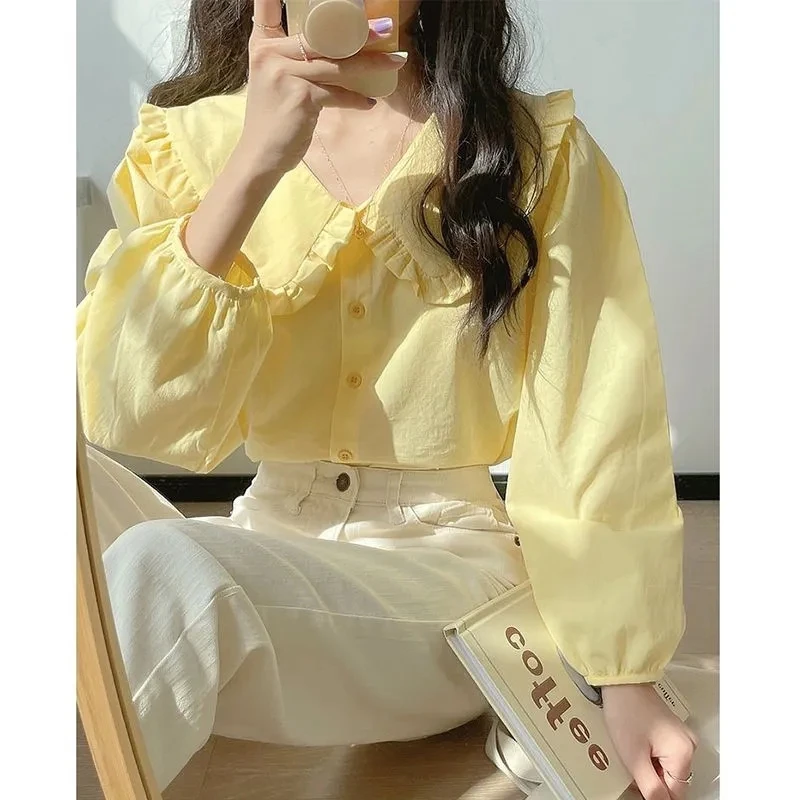 Women Spring Retro Style Milk Yellow Doll Collar Design Sense Long Sleeved Cardigan Blouse Female French Solid Color Shirt Tops