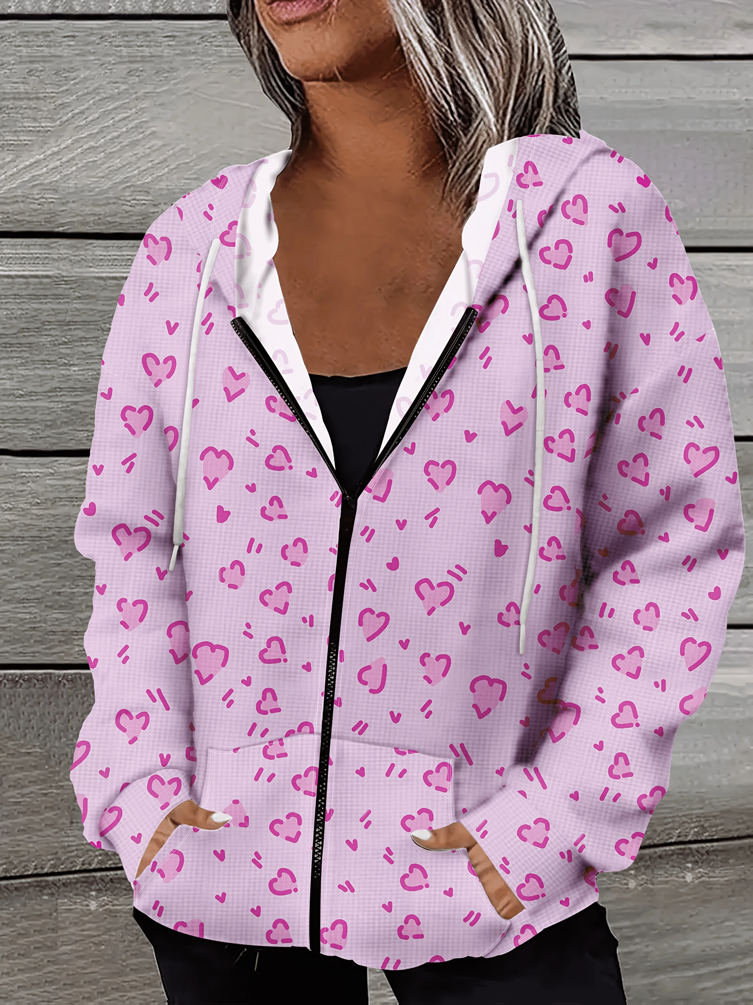 Damen-Jacke mit langen Ärmeln und Kapuze, Frühling und Herbst, lässiger Pullover mit rosa Herzmuster, leichte, geschichtete Oberbekleidung