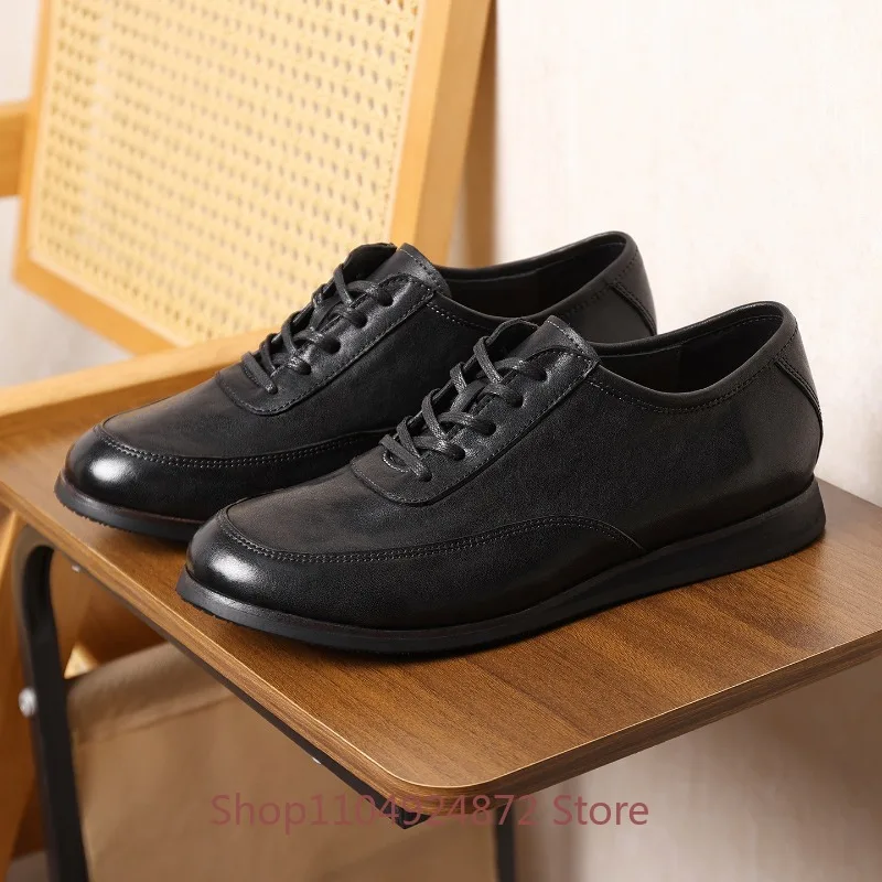 Retro Handmade Washed Horse Leather Men Shoes Business Casual Genuine Leather Lace-up Walking Dress Oxford Shoes Male