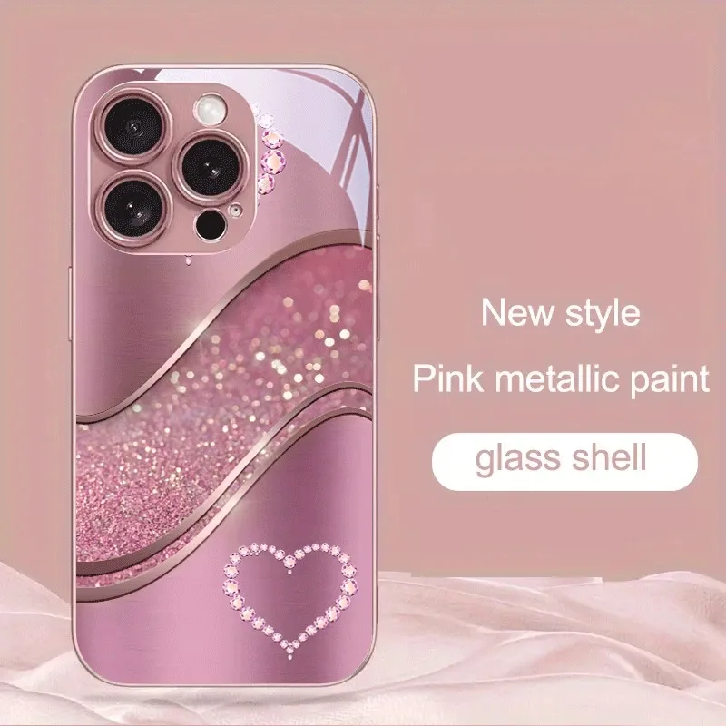 

Sparkling Pink Diamond Love Pattern Metallic Glass Phone Case For iPhone 17 16 15 14 13 12 11 Pro Max 15 14 Plus 17Air 16E Cover