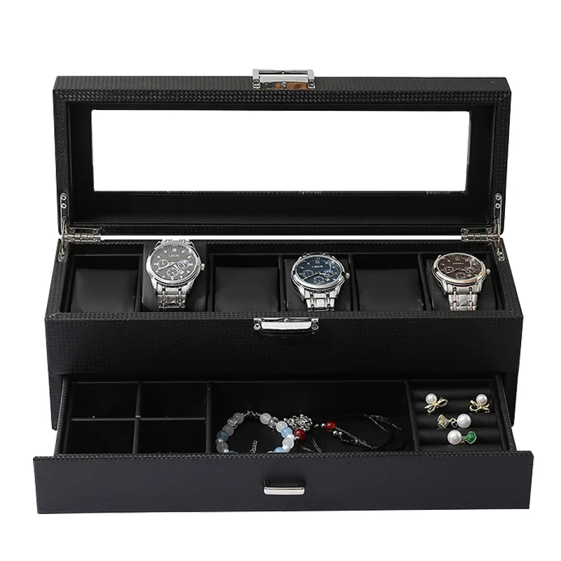 Retro Vintage PU Leather Double Layer 6 Slots Watch Multifunctional Storage Case Box Jewelry Carbon Fiber PU Watch Jewelry Box