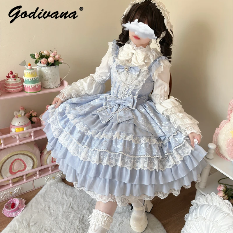 Sweet Cute Girls Lolita Dress Set Gorgeous Flower Marriage Princess Lace Bow Jsk Suspender Dress Flare Sleeve Shirt Women Outfit