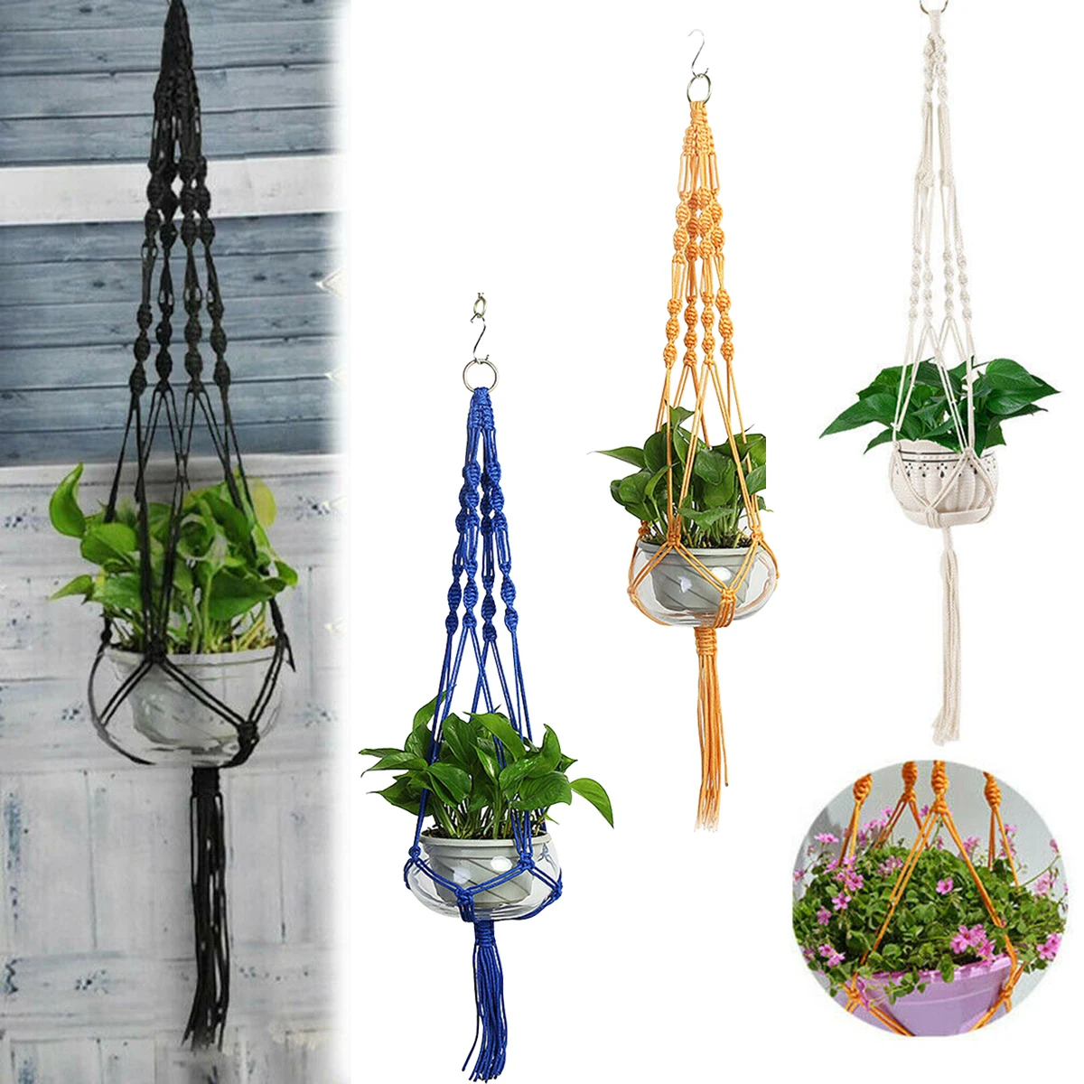 Nylon Planter Mesh Pocket Hand Woven Multi Colour Planter Hanging Rope Garden Plant Hooks Rope Planter Stand Decoration