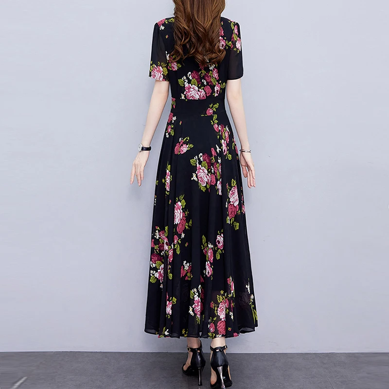 2025 Vintageสีดําพิมพ์VคอNight MidiชุดBodycon PartyหรูหราพรหมชุดยาวElegantผู้หญิงสบายๆชุดชีฟองดอกไม้