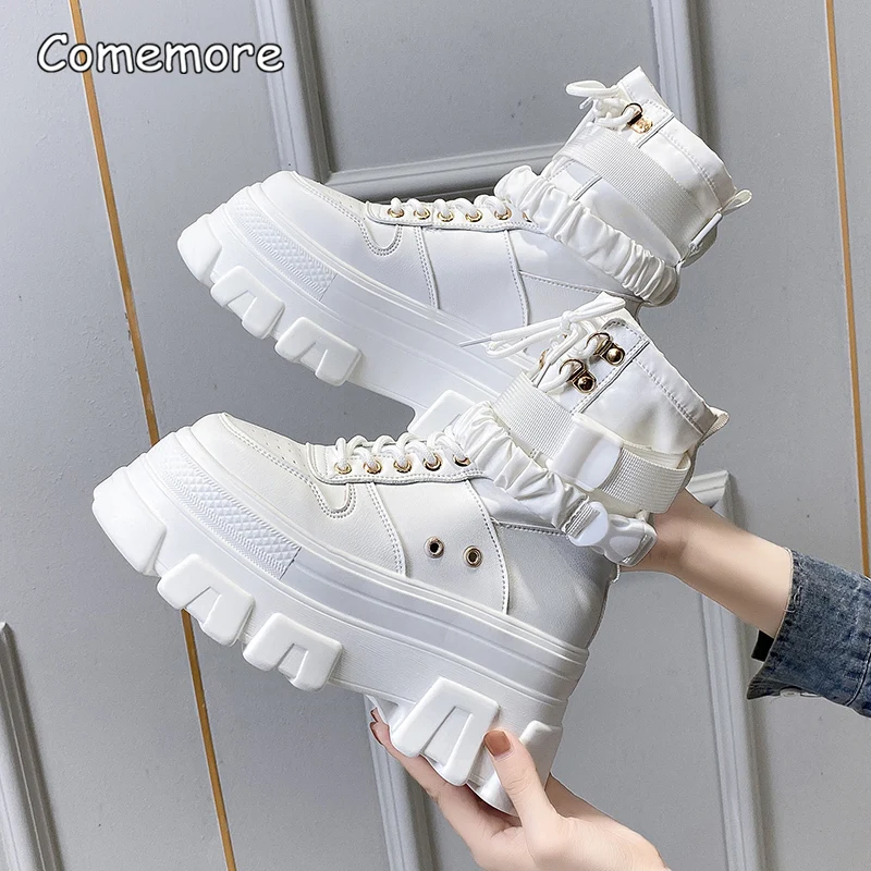 Fashion Women Autumn Winter Gothic Shoes Woman Thick Bottom Lace Up Ankle Punk Chunky Platform Motorcycle Boots Botas Mujer 34