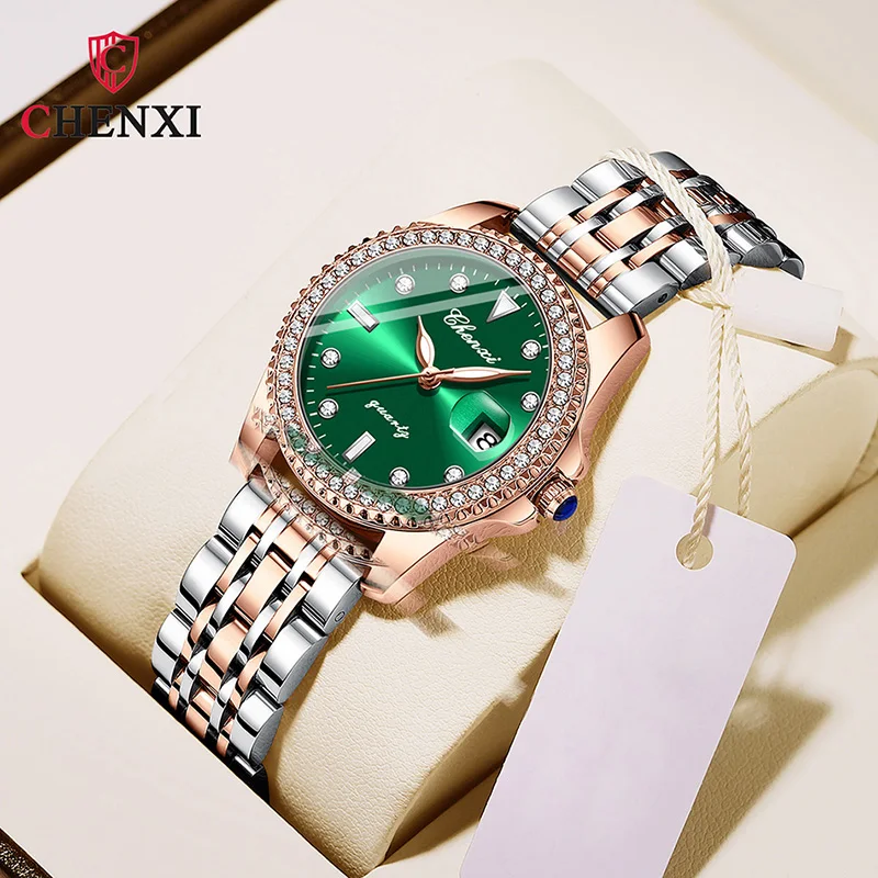 CHENXI-Reloj de pulsera de acero inoxidable para mujer, cronógrafo con esfera verde de estilo Vintage, diseño de diamantes de imitación, regalo del