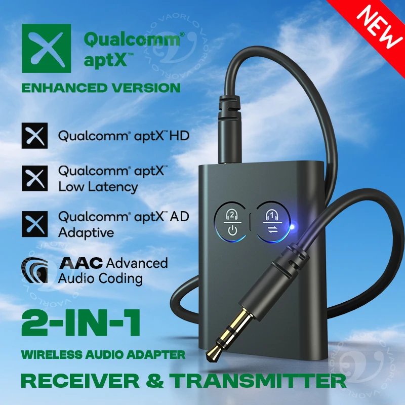 

2 в 1 aptX Bluetooth 5.4 аудио приемник передатчик aptX-Adaptive AD/HD/LL AAC 3.5MM AUX HiFi музыкальный многоточечный беспроводной адаптер для самолета, телевизора, ПК, автомобиля, наушников, динамиков