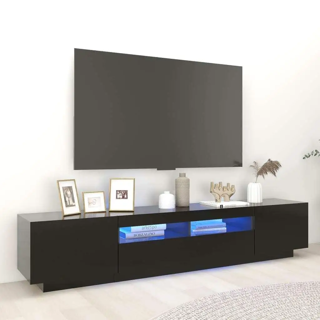 Modern Black TV Cabinet with LED Lights - 200x35x40 cm Stylish Entertainment Unit