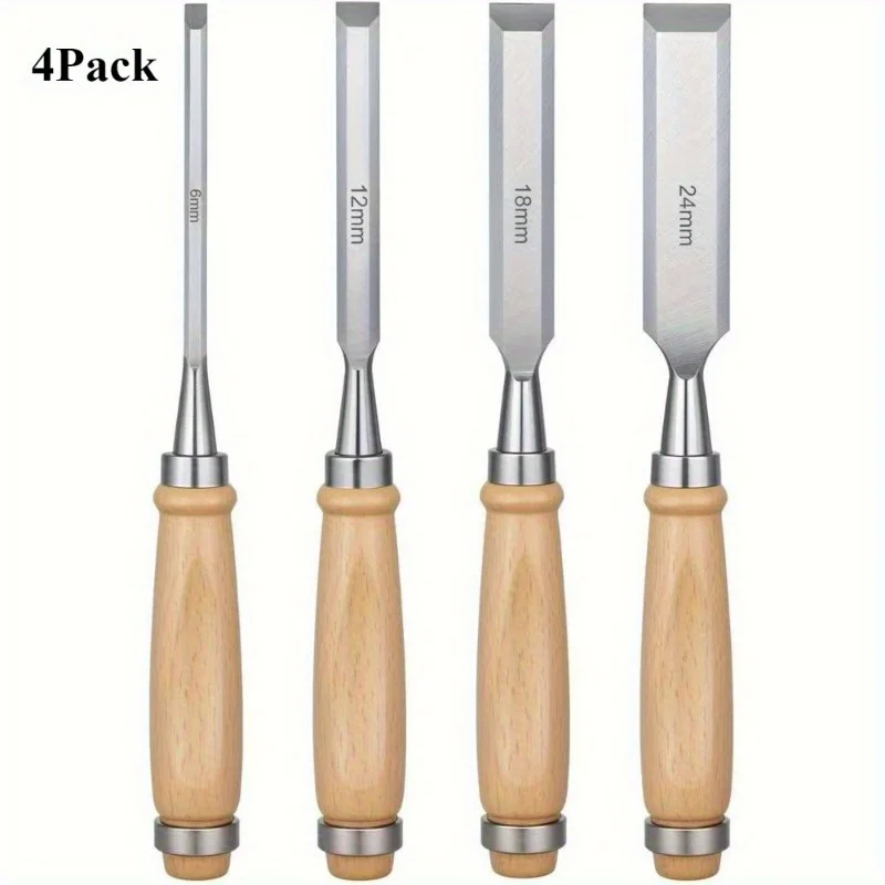 4-Piece Professional Woodworking Chisel Set - 6mm, 12mm, 18mm, 24mm Beveled Chisels, Chrome Vanadium Steel Blades, Solid Wood