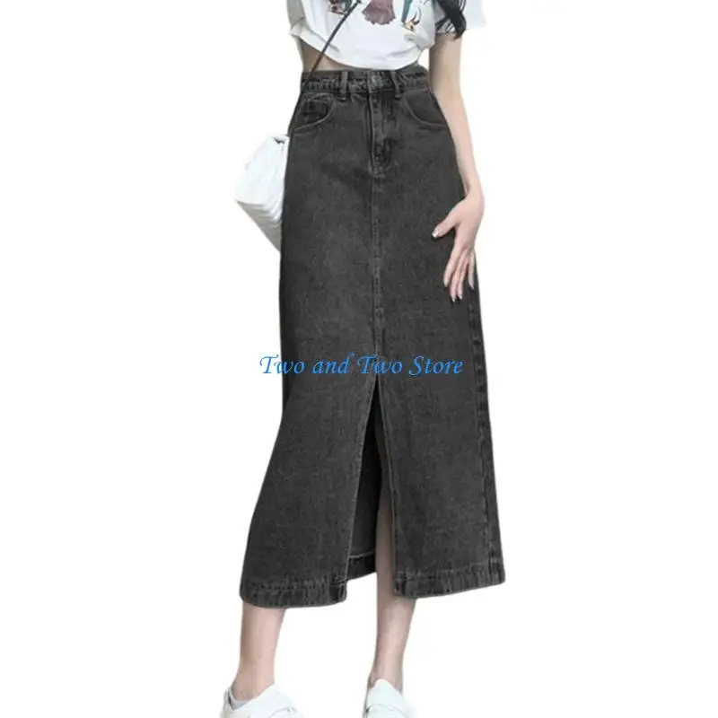 HX6F Womens Casual High Waist Button Zippered Jeans Skirt with Pockets Sexy Front Split A Line Flared Long Denims Skirts