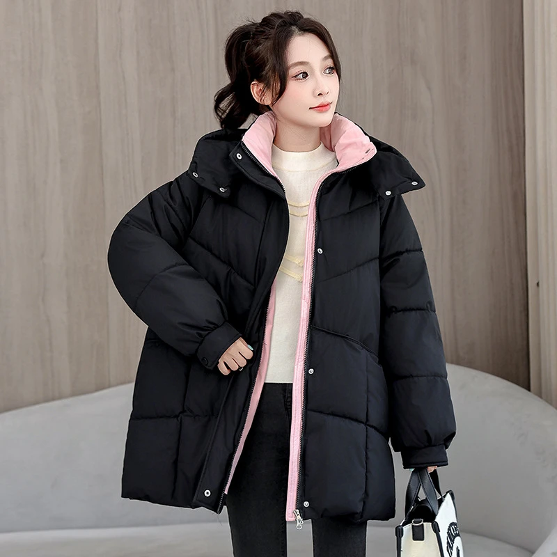 

2025 Fashion New Winter Women's Parkas Loose Casual Mid Length Cotton Padded Jackets Long Sleeve Solid Bread Clothes Outwear