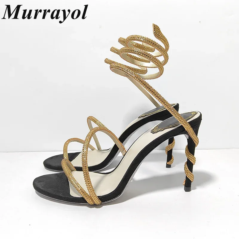 Crystal Decorative Thin Heels Sandals Women Shiny Snake Shaped Elastic Strap Design Sandalias  Summer High Heels Dress Shoes