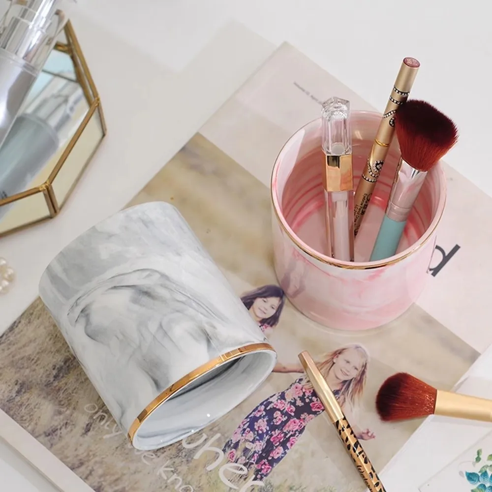 Marble Ceramic Pen Holder European Style Smooth Finish Desktop Organizer Golden Pink Non Slip Pencil Cup for Home Office Desk