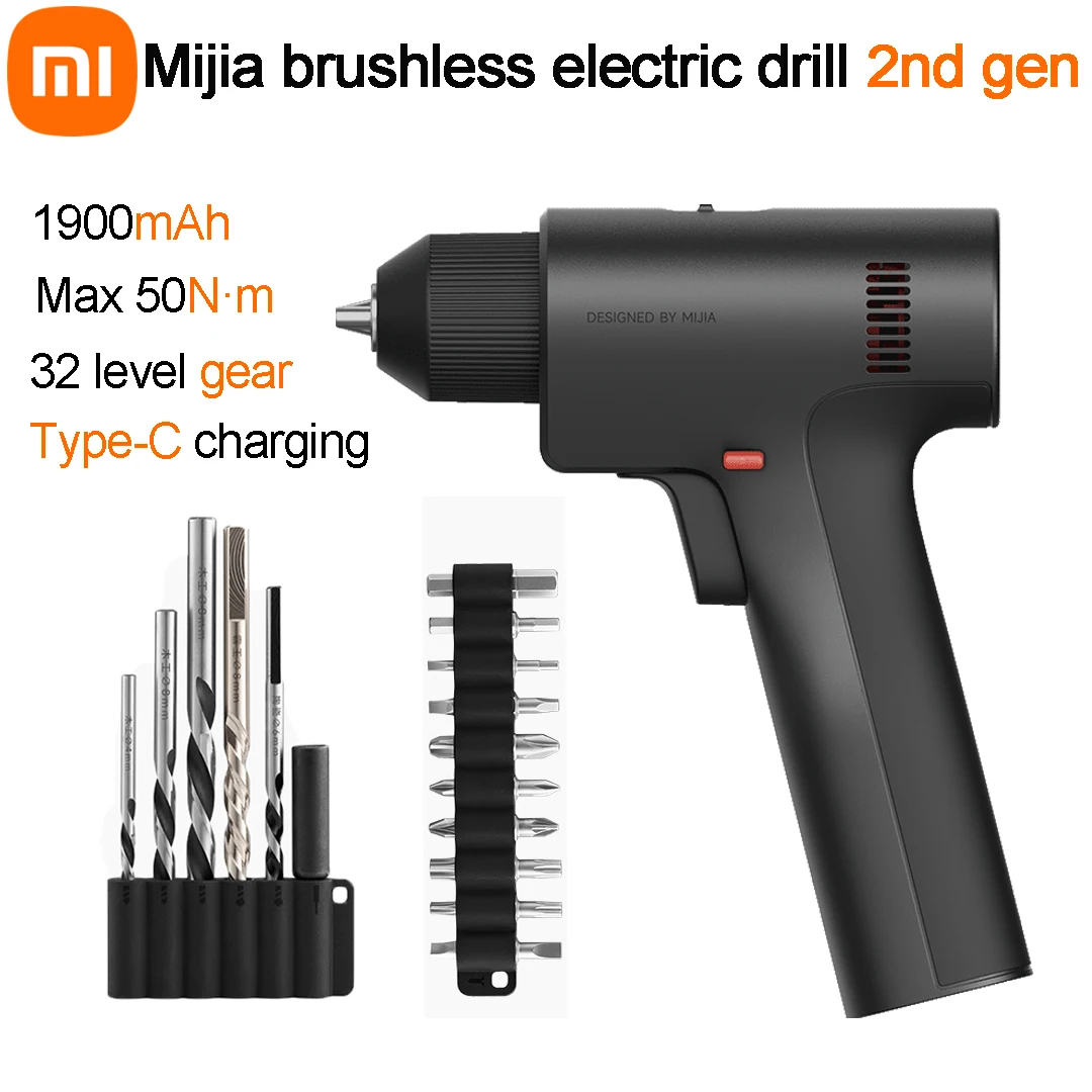 

XIAOMI mijia Brushless Electric Drill 2nd gen Max 50N·m Torque 1900mAh 32 Level gear High Performance Brushless Motor Type-C