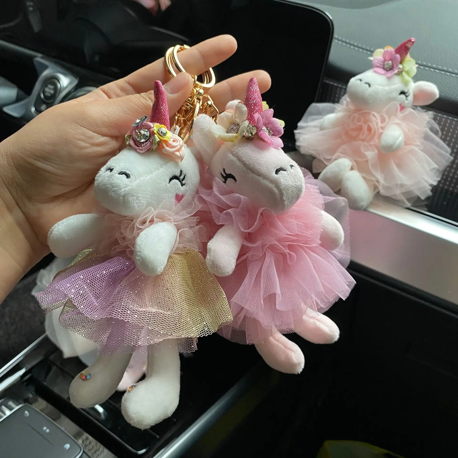 Cute Unicorn Doll Keychain Charm Cartoon Fashion Dress Bow Rhinestone Pegasus Keychain Plush Wedding Bouquet Girl Bag Doll Charm