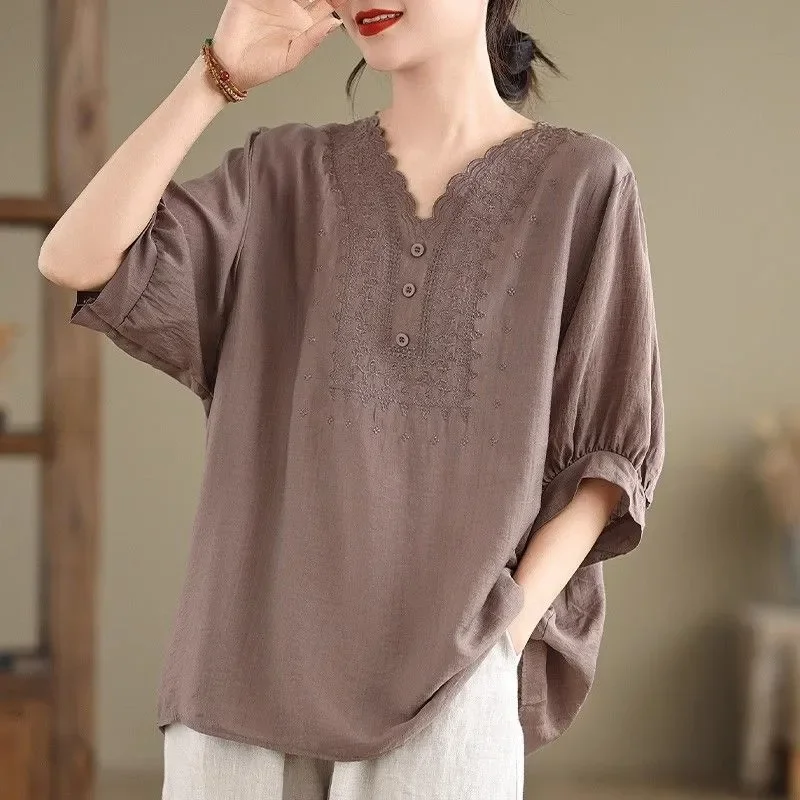 

Literary Women's Cotton and Linen T-shirt Women's Summer Retro Loose Three-quarter Sleeve Top