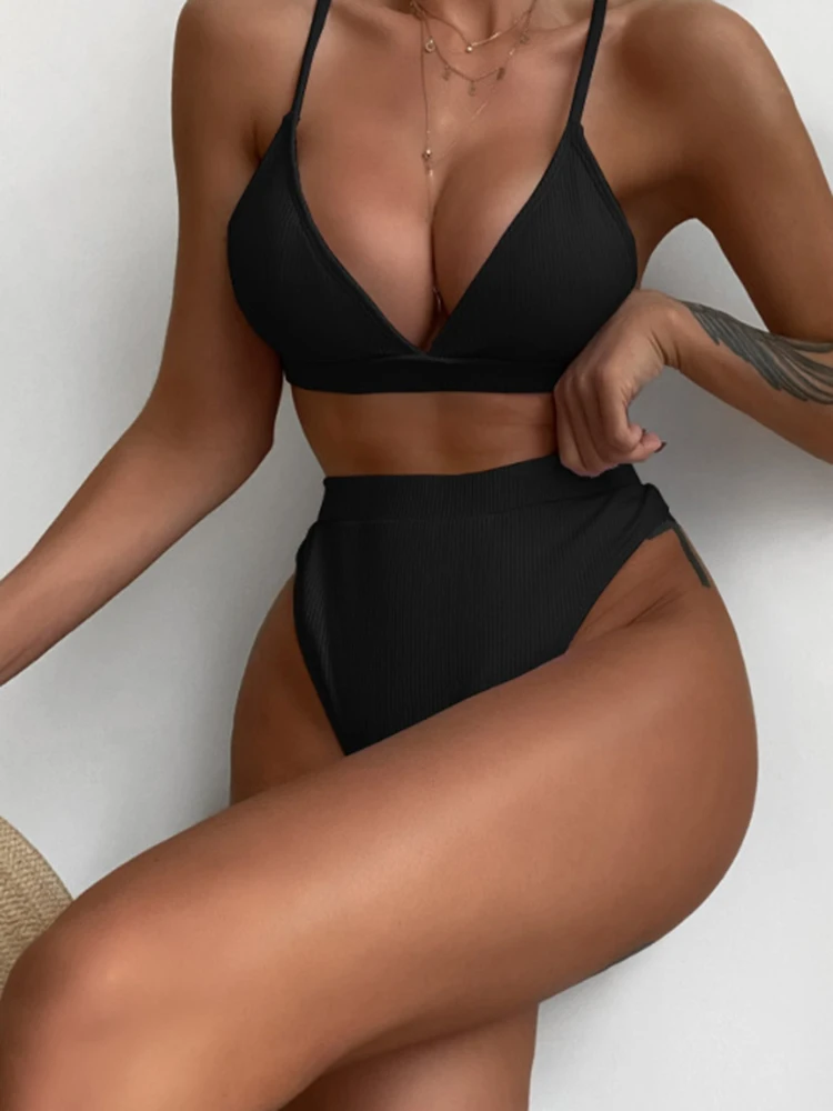 

FASKOB Two Piece Bikini High Waist Texture Swimwear Push Up Summer Women Swimsuit Beach Bathing Suit