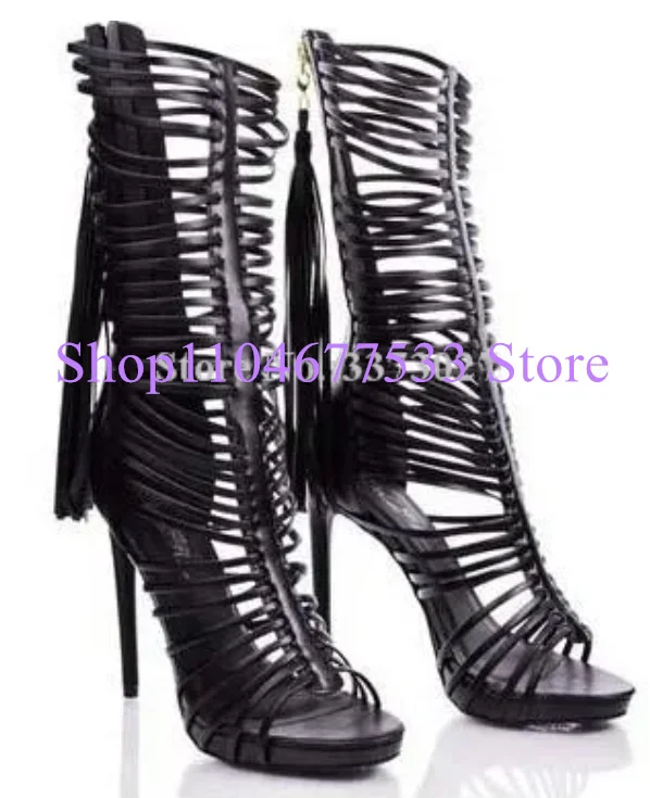 

Lady New Strappy Fringe Platform Sandals Fashion Solid Hollow Out Peep Toe Tassel Stiletto Heels Sandals Woman Sexy Dress Shoes