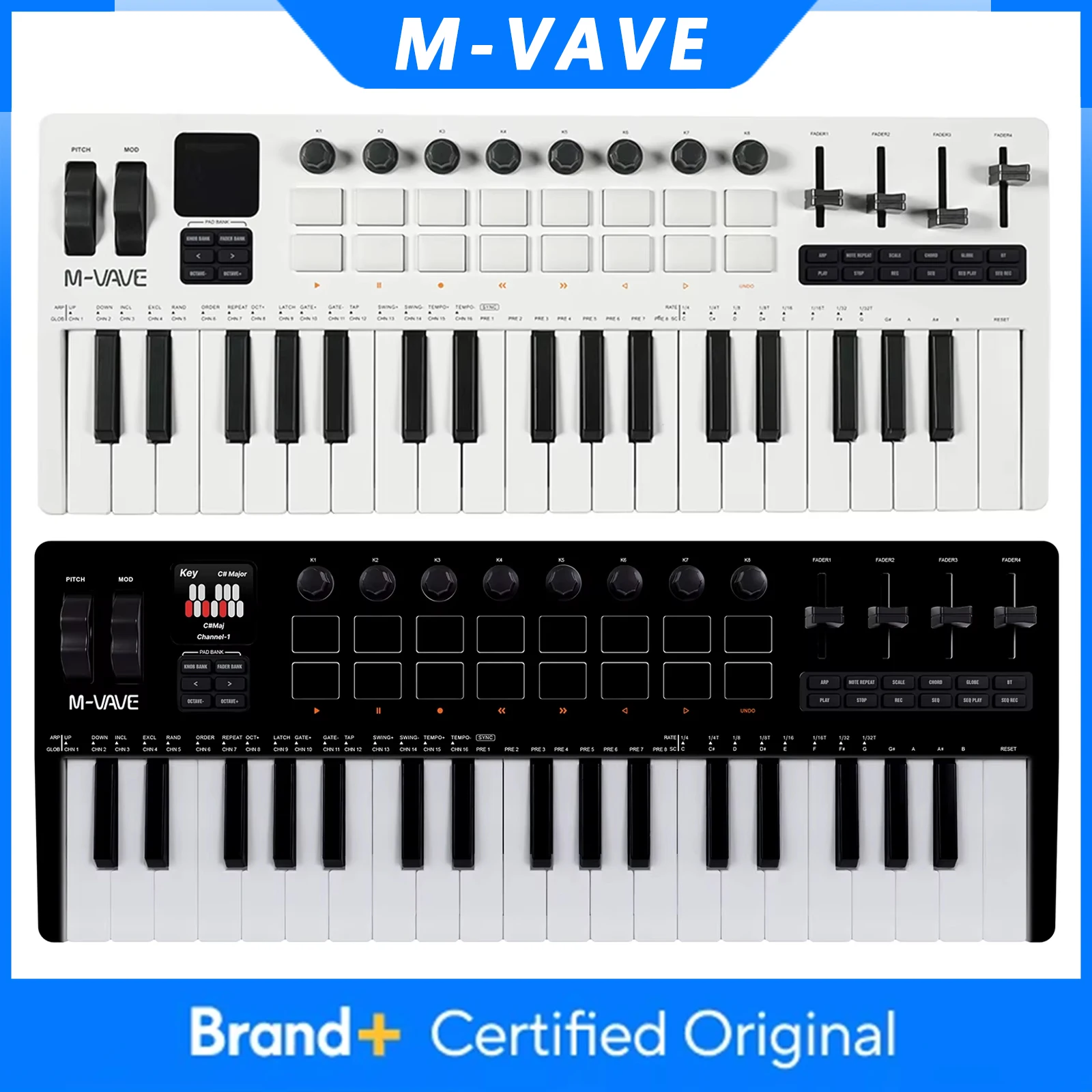 

M-VAVE SMK-37 PRO MIDI-клавиатура 37 клавиш 16 барабанных колодок Источник звука 3, диапазон октава, поддержка беспроводного подключения для нескольких систем