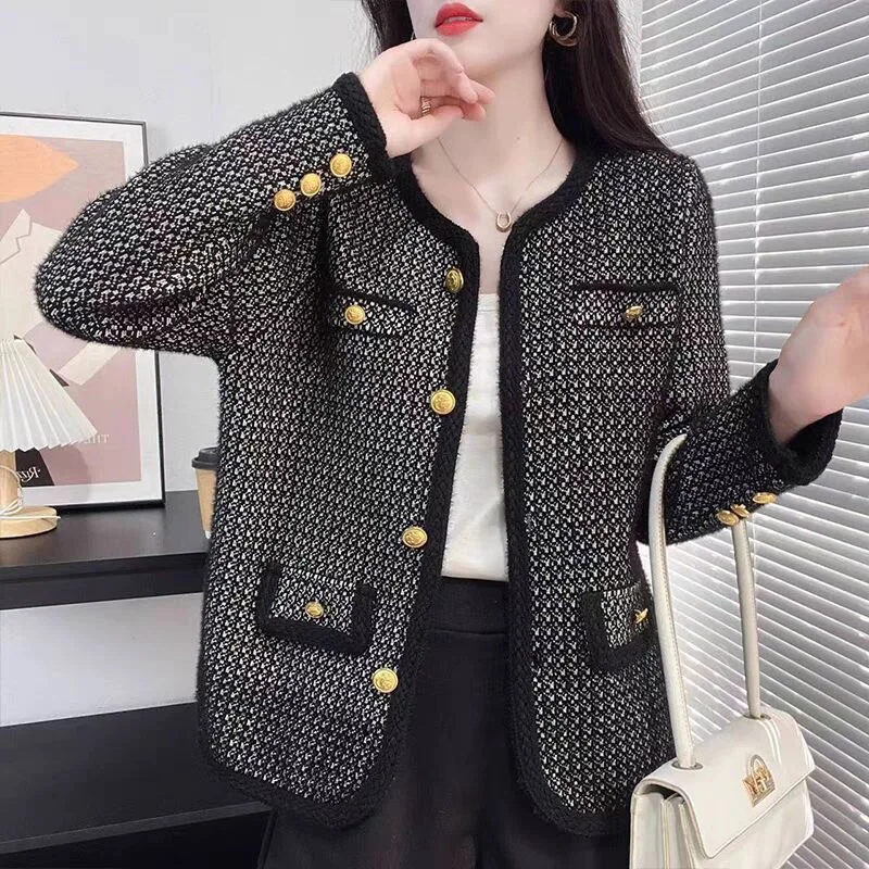 Autumn Fashion Chic Button Knitted Cardigan Vintage Commute Loose Knitted Sweaters Women Temperament Elegant O-neck Tops